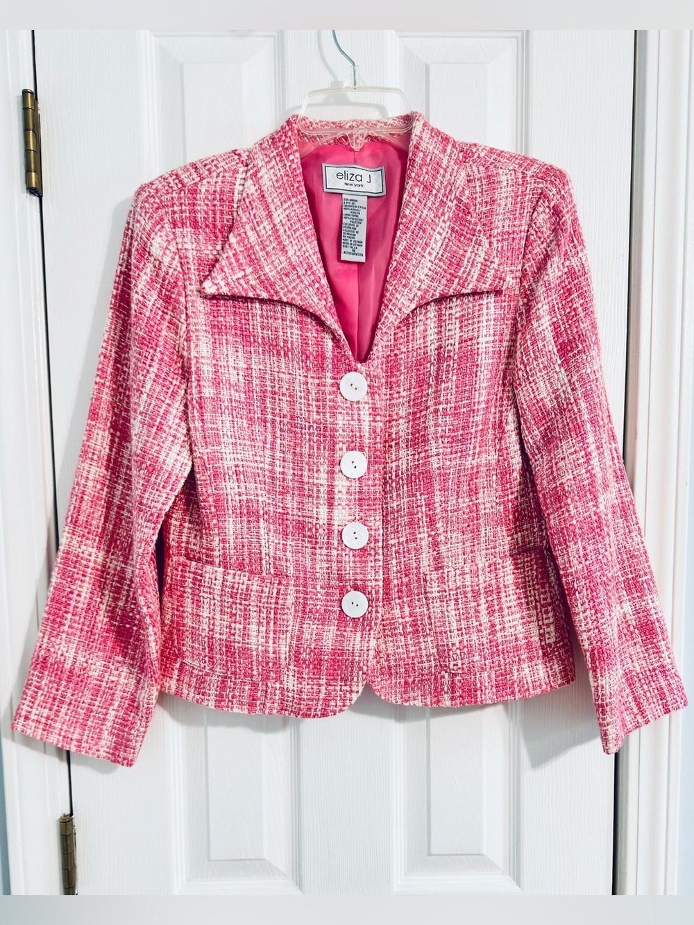 Eliza J New York Pink White Tweed Blazer Jacket Petite 10 Button Front Career - Picture 2 of 11